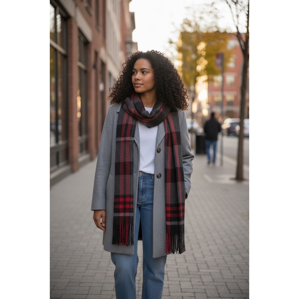 London Fog Women's XXL Gray‎ Wool Blend Coat with Plaid Scarf Set